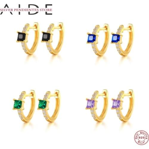 AIDE 9mm 925 Sterling Silver Hoops Earrings For Women Small Round Green Black Purple Gold Earrings Fashion Jewelry Pendientes