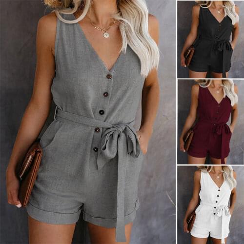 2021 Women Summer Clothes Off Shoulder Belted Tunic Sleeveles Playsuit Solid Casual V-neck Short Home Jumpsuit