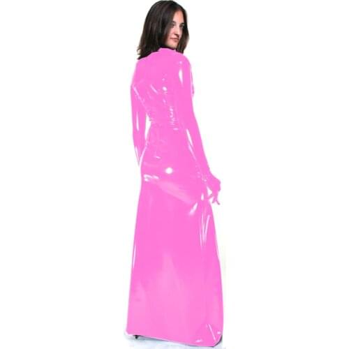 Solid Women Long Sleeve Gloves Midi Dress Sexy Party Elegant Streetwear PVC Long Dress Cocktail Bodycon Wetlook Leather Dresses