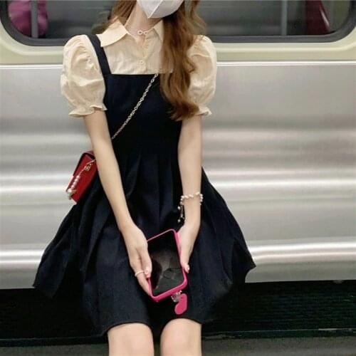 Fake Two Piece Dress Women 2021 Summer Kawaii Clothes Y2k Mini Dress Lolita Female Korean Fashion Party Vintage Black Dress Chic