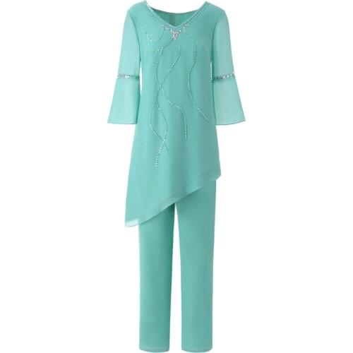 2 Pcs Crystals Beading Sequin Mother of the Bride Dresses Solid Long Sleeve Irregual Pant Suits Outsuit Plus Size Custom