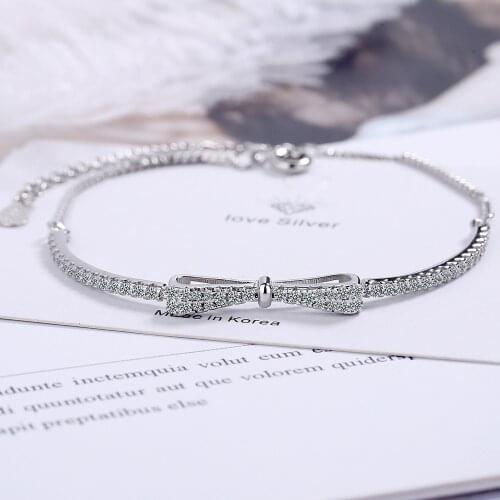 2021 New 925 Sterling Silver Adjustable Chain Crystal Bowknot Charm Bracelet &Bangle For Women Elegant Wedding Jewelry sl067
