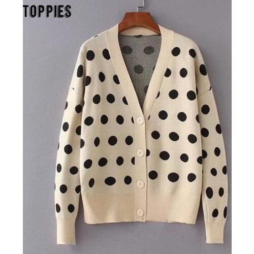 2021 Women Polka Dots V-neck Knitted Cardigans Sweet Style Women Knitting Sweaters