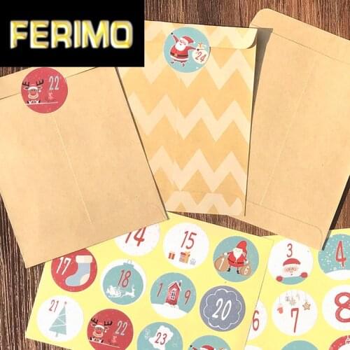24pcs Kraft Paper Bags with Merry Christmas Number Sticker Dots Striped Gift Bag Xmas Candy Gift Packing Bag New Year Supplies