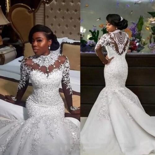 African Luxury Wedding Dresses 2020 Lace Appliques Beading High Neck Bridal Gowns Sheer Long Sleeves Mermaid Wedding Vestidos