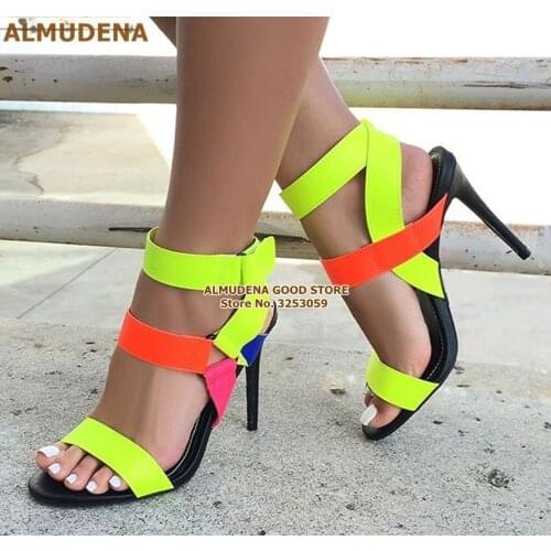 ALMUDENA Candy Color Cross Strappy High Heel Sandals Triangle Metal Buckle Dress Shoes Yellow Orange Mixed Color Cage Pumps Sale