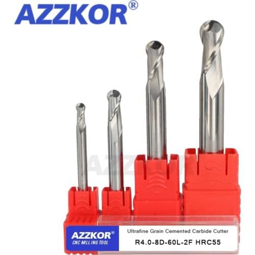 Aluminum Ball Nose Endmills Alloy Coating Tungsten Steel Tool Cnc Maching Hrc55 Top AZZKOR Milling Cutter Machine Endmill R1.0