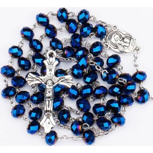 Long Chain Crystal Beads Rosary Necklace Catholic Prayer Rosaries Jewelry for Men Women Stainless Steel Cross Pendant Necklaces