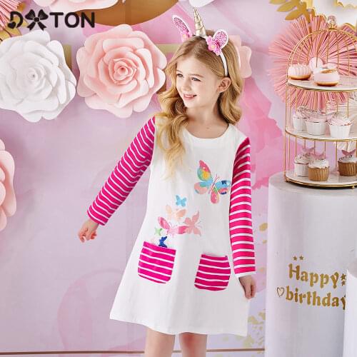 DXTON Autumn Girls Dress Stripe Cotton Dress Children Vestidos With Pocket Butterfly Print Kids Dresses for Girls Clothing 3-12Y