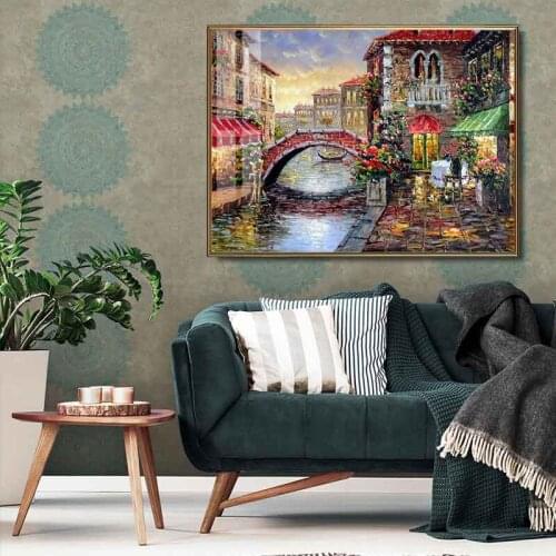 European Town Landscape Oil Painting Vintage Building River Boat Scenery Wall Art Poster Print Canvas Pictures For Living Room