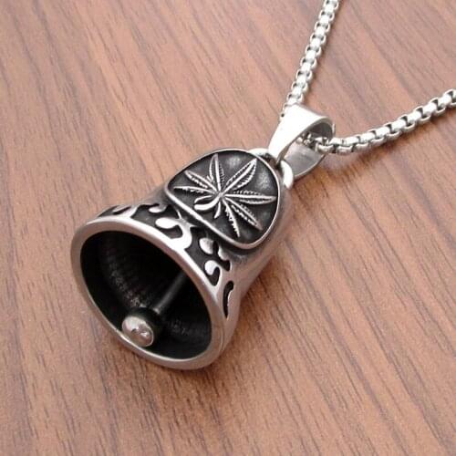 Gothic 316L Stainless Steel Silver color Black Leaf Bell Biker Plant Flaming Motorcycle Polish Oil Pendant Necklace