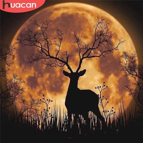 HUACAN 5D Diamond Mosaic Deer Animal Full Square Round Handicraft Diamond Embroidery Painting Moon Needlework Home Decor