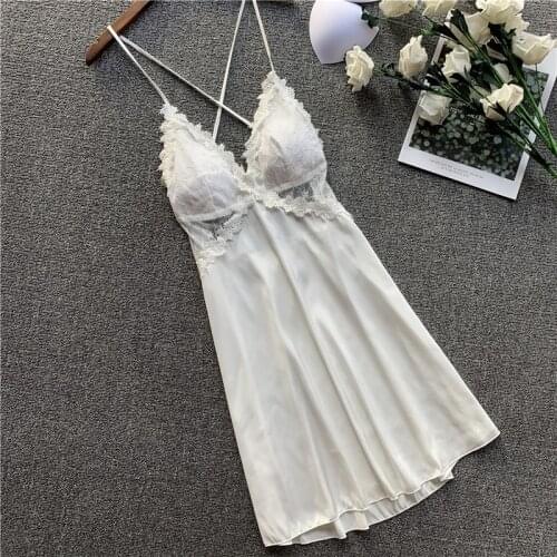 Women Solid Rayon Spaghetti Strap Nightdress Sexy V-Neck Backless Lace Hollow Out Nightgown White Sleepwear Casual Home Dress