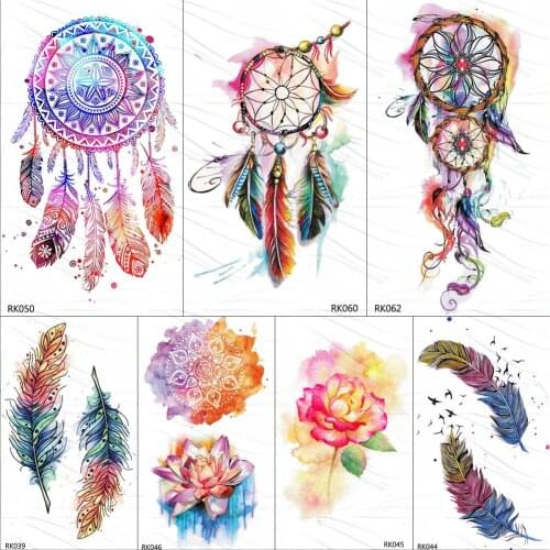 OMMGO Tribal Dream Catcher Feather Temporary Tattoos Sticker Colorful Henna Custom Tattoo Body Art Arm Waterproof Fake Tatoos