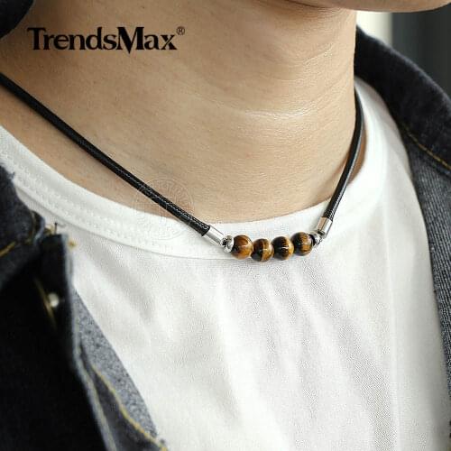 Trendsmax 8mm Natural Tiger Eye Stone Bead Necklace Charm Black Leather Cord Choker Necklace for Men Women Jewelry Gift DN125