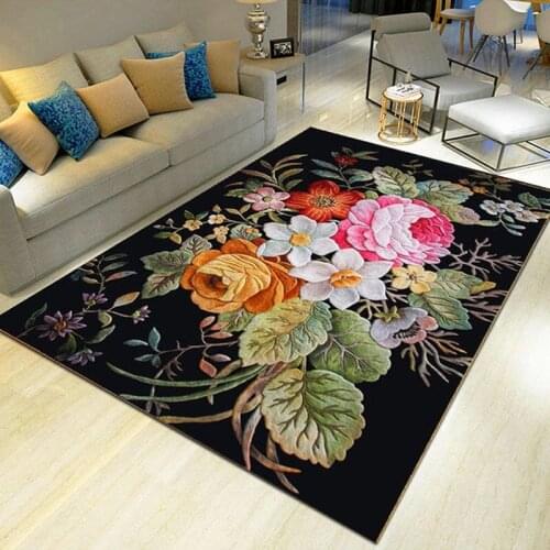 Luxury Black European Carpet With Big Flower Retro Classical Floral Rugs Bedroom Hallway Carpet Doormat Living Room Carpet Mat