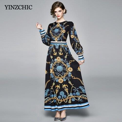 Vintage Printed Woman Maxi Length Dress Female Slim A-line Dress for Woman O-neck Spring Long Dresses Women Puff Sleeves Dress