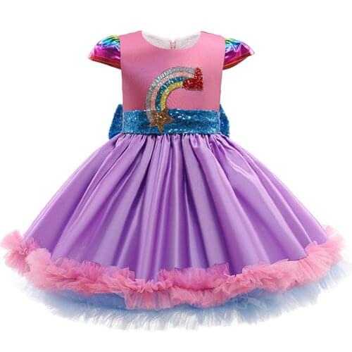 Embroidered Mini Fungus Sleeve Princess Girls Dance Show Bow Satin Unicorn Birthday Party Rainbow Skirt Summer Childrens Clothe