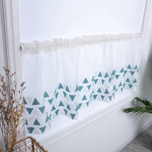 Rod Pocket Embroidered Blue Triangles Semi Tier Curtain, Short Curtain For Kitchen Bathroom Living Room