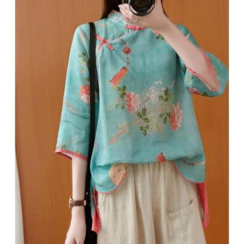 Chinese Style Clothing Women Clothes 2021 Cheongsam Top Chinese Traditional Shirt Blouse Cotton Linen Ladies Chinese Tops 12387