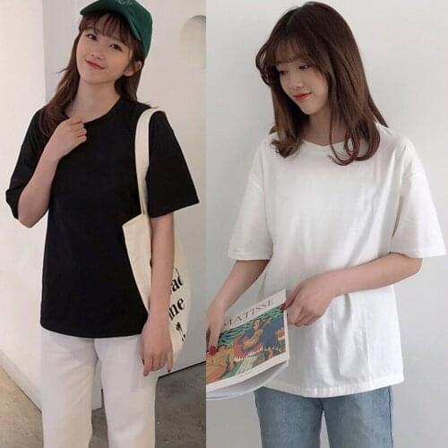 Womens Korean Style Loose T shirt Solid Color Summer Ladies Short Sleeve Basic Tee Shirt Tops