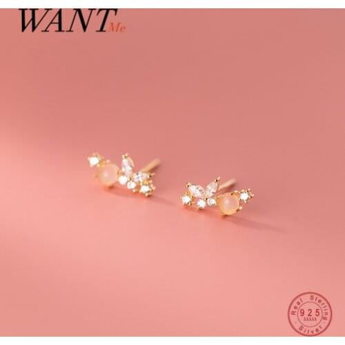 WANTME 925 Sterling Silver Cute Pink Zircon Butterfly Small Stud Earrings for Women Fashion Korean Romantic Animal Charm Jewelry