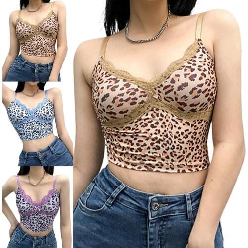 80%HOTLeopard Print Women Vest Lace Stitching Backless Sleeveless Sling V-neck Crop Top Club Wear