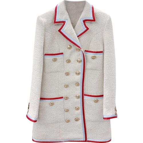 Small fragrance tweed woolen blazer women hit color double breasted stitching autumn winter long suit outerwear