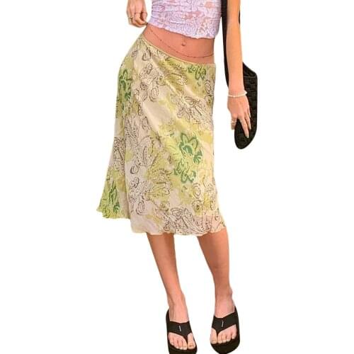 Women Close-fitting Long Skirt Green Floral Printed Pattern Low Waist Dress, S/ M/ L