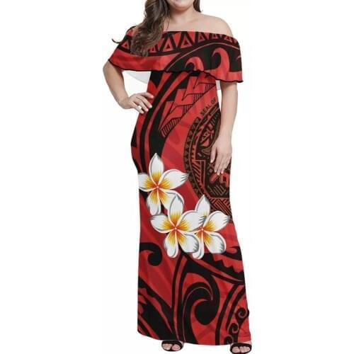 Hycool Polynesian Tribe New Temperament Strapless Red Maxi Dress Samoan Ladies Ruffled Off Shoulder Sundress Summer Casual Dress
