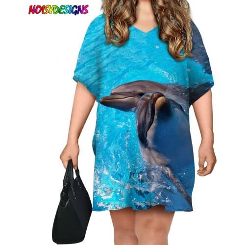 NOISYDESIGNS Summer Womens Casual Dolphin Prints Dress 2021 Short Sleeve Woman Fashion ​Female Loose Mini Dresses For Femme