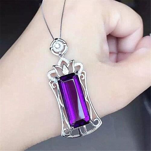Vintage Carving Purple Crystal Amethyst Zircon Diamonds Gemstones Pendant Necklaces for Women White Gold Silver Color Jewelry