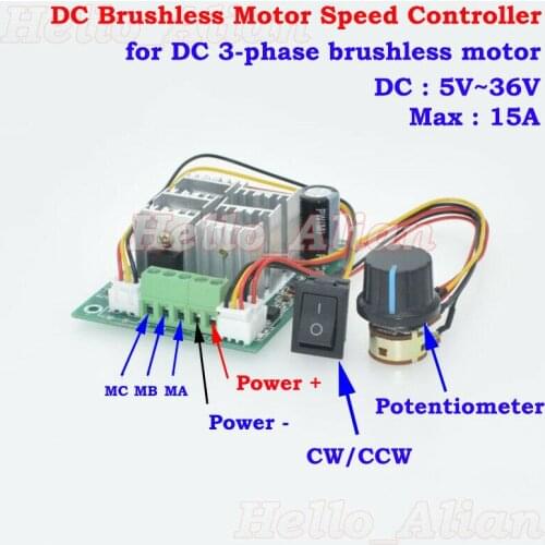 15A DC 5V-36V 12V 24V hho pwm three phase Brushless Motor Controller Driver 0-100% speed Reversible Switch
