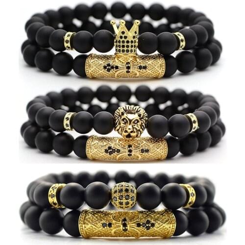 2pcs/set Mens Bracelet Black Matte Oxyn Stone Beads Crown Round Crystal Head Bracelet Jewelry