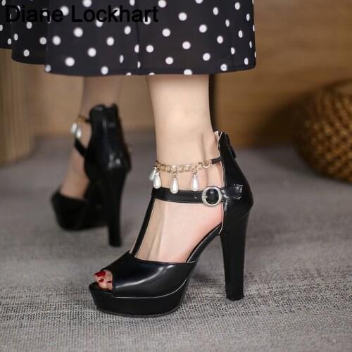 2021 New Gladiator Women Sandals Peep Toe High Heels Pearl Chain Thin Summer Pumps Fashion Black Beige Party Sandalias Muje 32