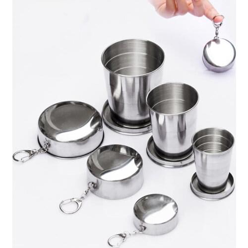 75/140/240Ml Stainless Steel Flexible Cup With Keychain Portable Foldable Outdoor Travel Tea Cup Wine Drinkware