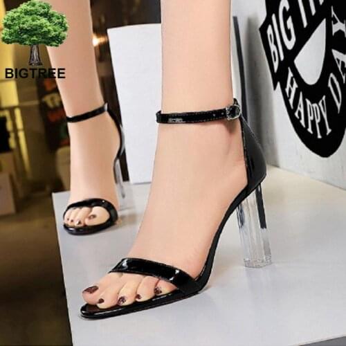 BIGTREE Shoes Patent Leather Shoes Summer Womens Sandals Block Heels Sandals Transparent Heels Sexy Square Heel High Heels 43