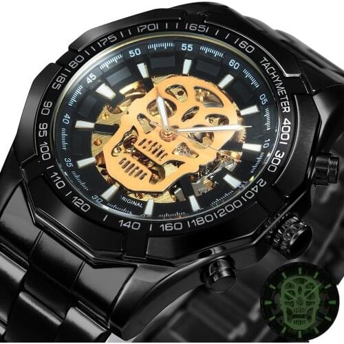 WINNER Official Mens Watches Top Brand Luxury Automatic Mechanical Watch Men Steel Strap Hip Hop Skull Skeleton Dial Wrist Watch
