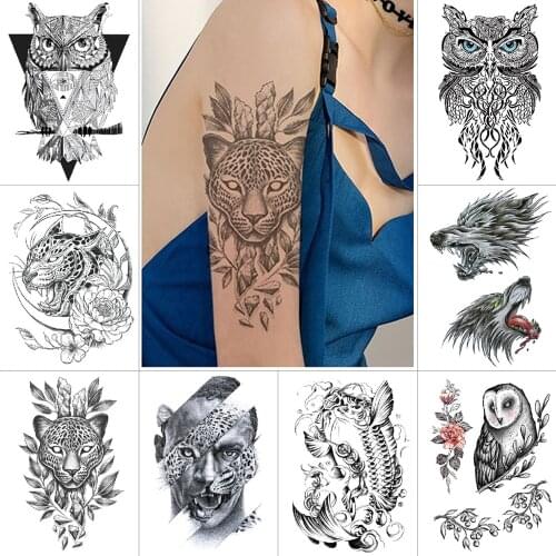 Black temporary tattoo stickers Animal waterproof fake tattoo Owl wolf leopard Ink tattoo Beast eagle Arm body art tattoo