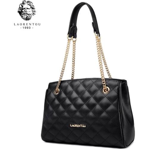 LAORENTOU Cow Split Leather Elegant Ladies Business Bag Commuter Chain Shoulder Bags Large Capacity Lattice Stylish Handle Bags