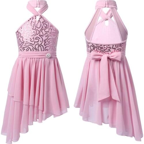 Kids Girls Latin Dance Dress Sparkly Sequins Asymmetrical Ballet Dance Dress Training Summer Ballroom Tango Modern Jazz Costume