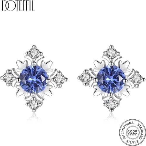 DOTEFFIL Genuine 925 Sterling Silver Charming Blue & Green Stud Earrings for Women Exquisite Pattern Topaz Earrings Fine Jewelry