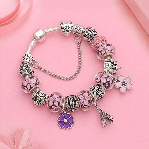 Dropshipping Silver Color Eiffel Tower Charm Bracelet DIY Castle Crown Bead Bracelet 5 Color Crystal Flower Bracelet for Women