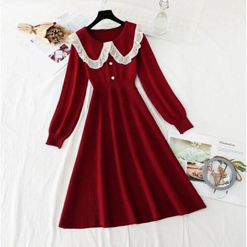 Elegant Women Red Knitted Dress 2021 New Spring Autumn Doll collar Solid Long Sleeve Sweater Vestidos Office Lady Midi Dress