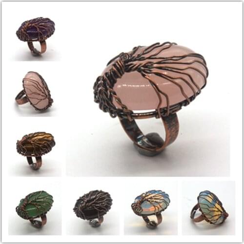 Kraft-beads Copper Handmade Wire Wrap Oval Amethysts Stone Resizable Opal Engagement Ring For Christmas Jewelry