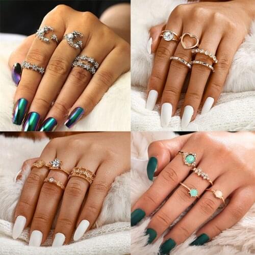 26Style Retro Shiny Rhinestones Moon Stars Heart-Shaped Butterfly Water Drop Gold Ring Luxury Set Womens Party Jewelry