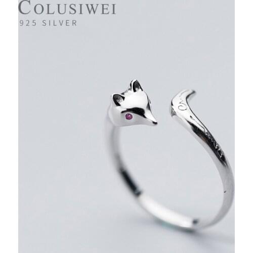 COLUSIWEI Genuine 925 Sterling Silver Cute Fox Ring for Wome Fashion Free Size Adjustable Silver Animal Rings Fine Jewelry