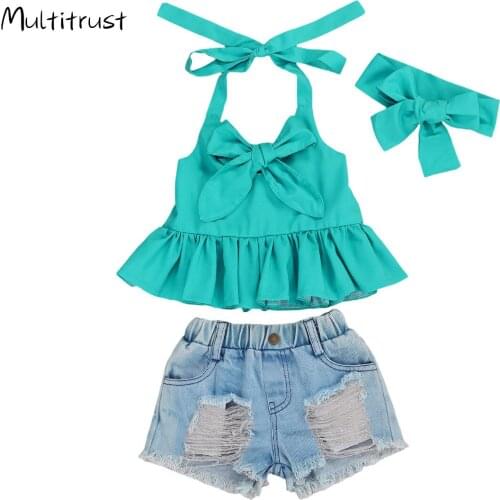 2020 Summer Lovely Kids Girls Clothes Sets 1-6Y Bowknot Sleeveless Ruffles Vest Tops Denim Shorts Headband 3pcs