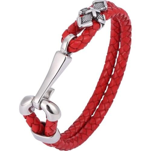 Fashion Men Jewelry Black Red Double Braided Leather Bracelet Punk Stainless Steel Hook Buckle Mens Leather wristband PD0593