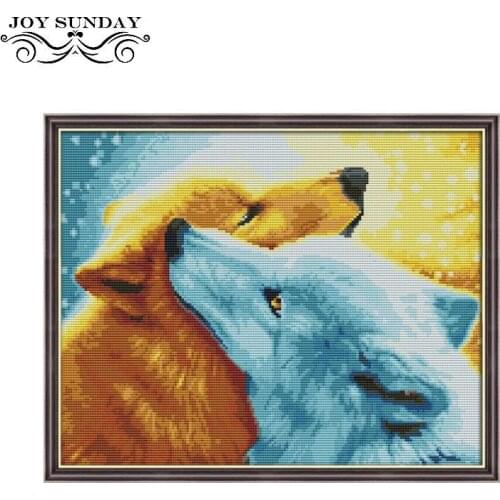 Joy Sunday Snow Fox Pattern Stamped Cross Stitch Kit,11ct 14ct Printed on Canvas,DMC Embroidery Needlework Set,DIY Home Painting